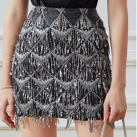 elegant party gray sequined fringe mini skirt - Picture 3 of 9